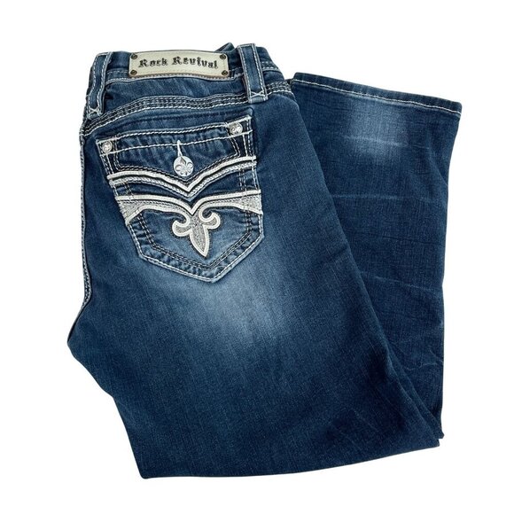 Rock Revival Sukara Easy Crop Jeans Med-Wash Denim Embroidered‎ Pockets Women 28 - Picture 1 of 16